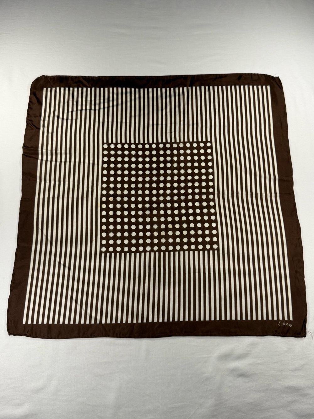 Echo Brown & Ivory Stripes Polka Dot Square Women’s Silk Scarf Hand Rolled Edges